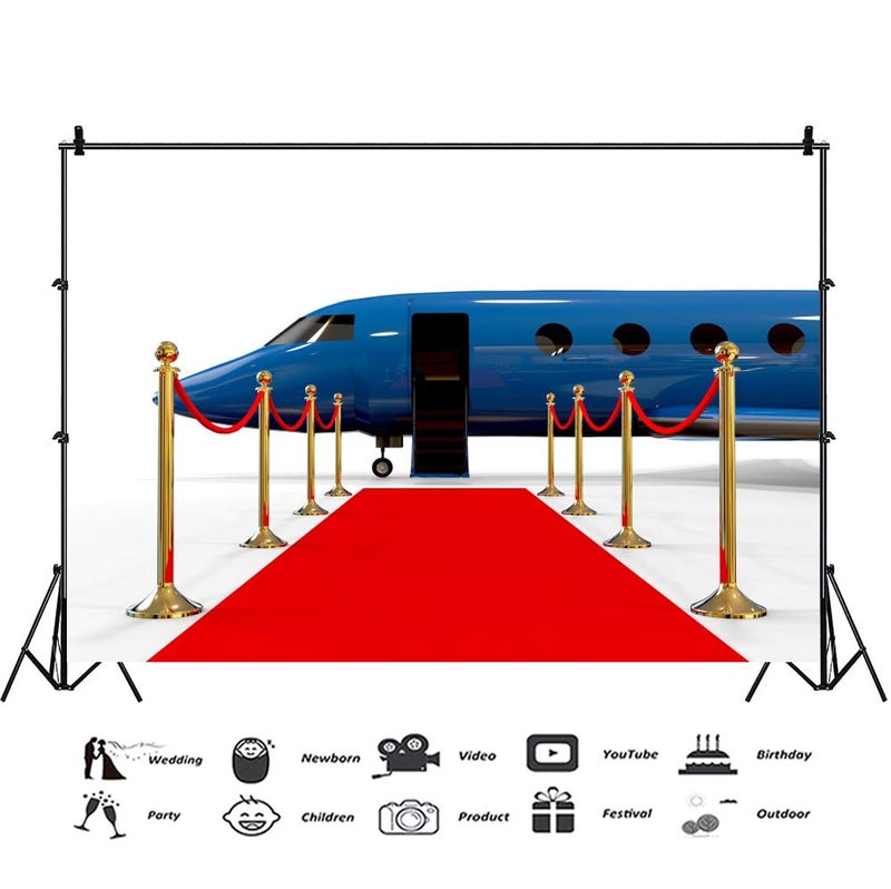 AOFOTO 10x7ft Airport Pickup Red Carpet Backdrop Gold Bannister Blue Luxury Open Door Airplane VIP Background Photo Studio Props Vinly Stars Reception Party Photo Shoot Decoration - Image 3